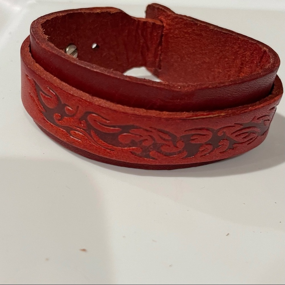 Red Genuine Leather Adjustable cuff bracelet with flame etching
